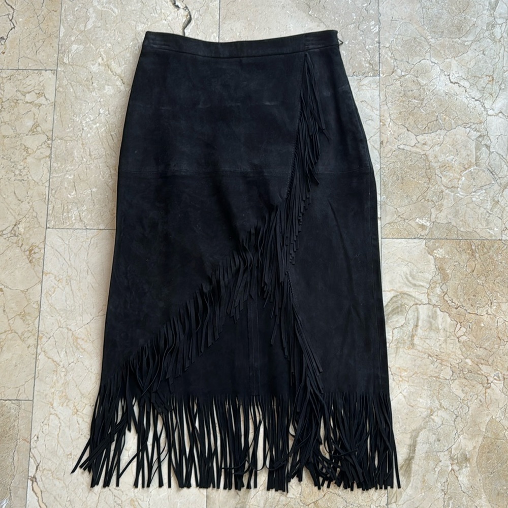 Altuzarra Black Suede Fringe Midi Skirt